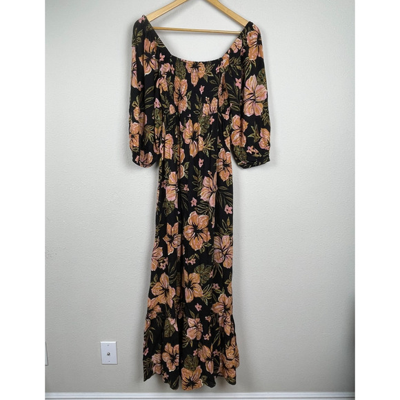 Billabong Full Bloom Maxi Dress Size M Black Floral Boho Prairie Milkmaid Forest - Picture 1 of 6